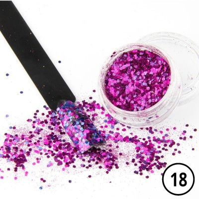 Glitter rosa e violeta para unhas em embalagem transparente com placa preta e número 18