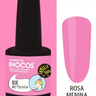 Frasco de verniz gel rosa néon INOCOS com rótulo e amostra da cor