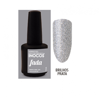 Esmalte gel INOCOS Fado preto e amostra cor prata brilhante