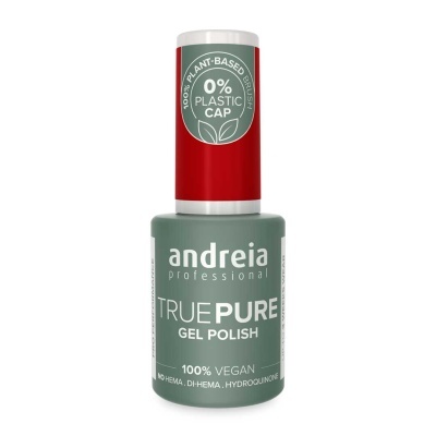 Frasco de verniz gel Andreia Professional True Pure com tampa vermelha e rótulo verde
