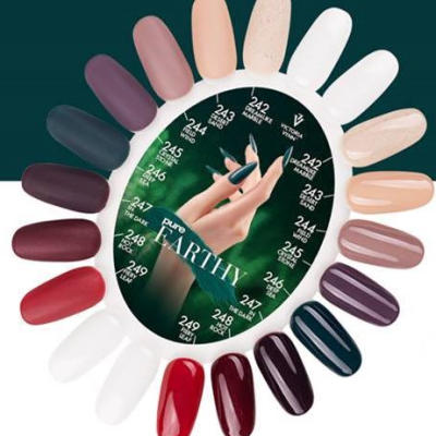 Amostras de cores de verniz de unhas em roda com texto no centro