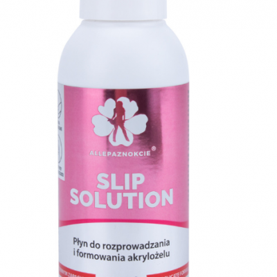 Frasco branco com rótulo rosa metálico e texto SLIP SOLUTION