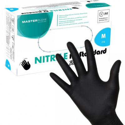 Luvas de nitrilo pretas e embalagem branca e verde MASTERGLOVE NITRILE