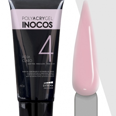 Tubo preto e rosa claro de gel Polyacrygel Inocos nº 4 com amostra de cor rosa claro