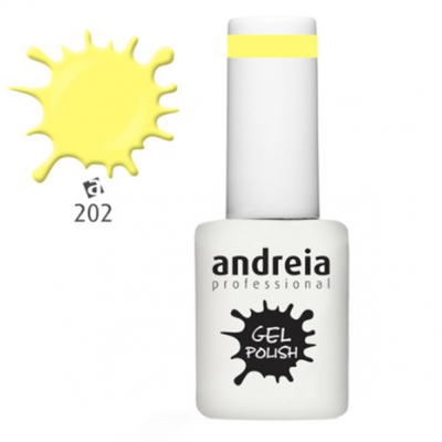 Frasco branco de verniz gel Andreia com tampa branca e mancha amarela código 202