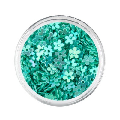 Lantejoulas verdes em forma de flor dentro de pote redondo transparente