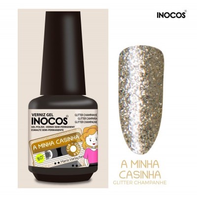 Frasco de verniz gel INOCOS glitter champanhe com amostra da cor