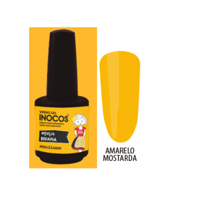 Verniz gel Inocos amarelo mostarda e frasco preto com rótulo amarelo