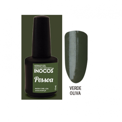 Frasco de verniz gel INOCOS Pessoa cor verde oliva com amostra de cor