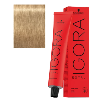 Tubo e caixa vermelhos de tinta de cabelo Schwarzkopf IGORA ROYAL com amostra de cor loiro dourado claro