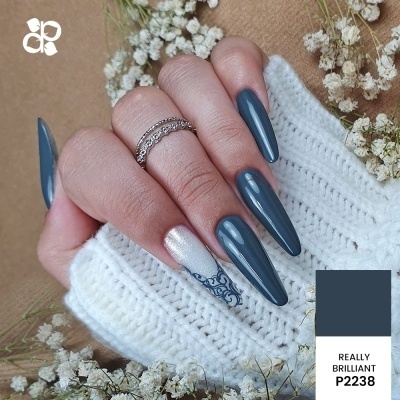 Mão com unhas stiletto azul escuro e branca com padrão floral, anel prateado, fundo malha branca.