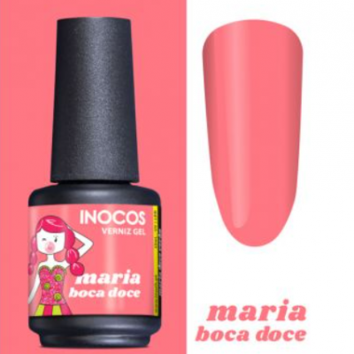 Verniz gel Inocos cor rosa coral 'maria boca doce' com frasco e amostra da cor