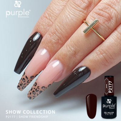 Unhas compridas com verniz gel preto e padrão de leopardo, frasco de verniz gel Dark Bordeaux Purple P2177
