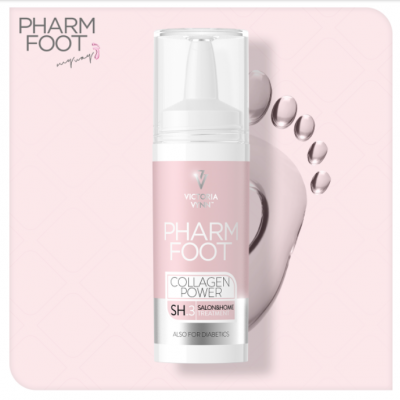 Frasco de tratamento para os pés Pharm Foot Collagen Power em fundo rosa com pegada em relevo