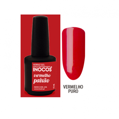 Frasco preto de verniz gel vermelho com amostra e texto