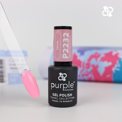 Frasco de esmalte gel Purple Professional cor rosa com amostra da cor