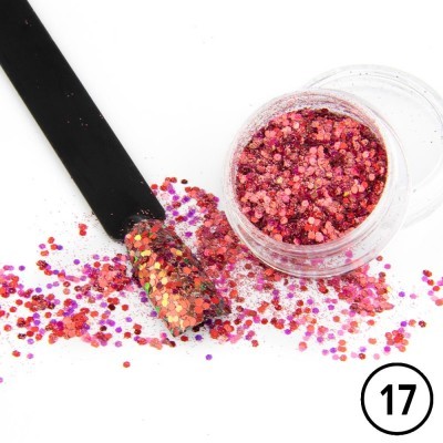 Pó de glitter rosa e vermelho em embalagem plástica e aplicador preto