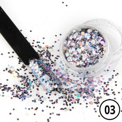 Pote de glitter multicolorido com aplicador e número 03