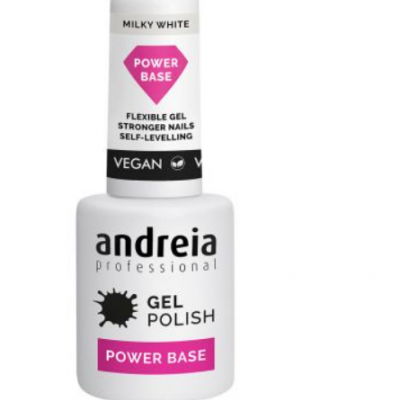 frasco branco de verniz gel Andreia Professional com texto em preto e rosa