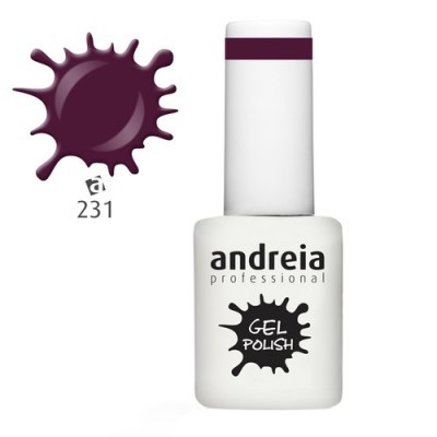 Esmalte gel Andreia professional branco com tampa e faixa roxa e amostra de cor nº 231