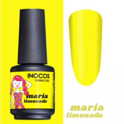 Verniz gel amarelo INOCOS Maria Limonada com ilustração e amostra de cor