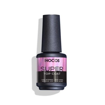 Frasco de verniz INOCOS SUPER TOP COAT preto com rótulo rosa