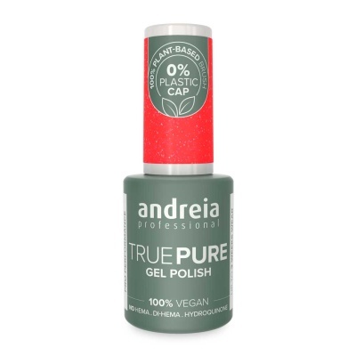 Verniz gel para unhas Andreia Professional True Pure com tampa vermelha e texto sobre ser vegan e sem plásticos