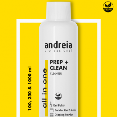 Frasco branco de produto para unhas andreia professional PREP + CLEAN