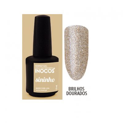 Frasco de verniz gel preto INOCOS com amostra brilhante dourada