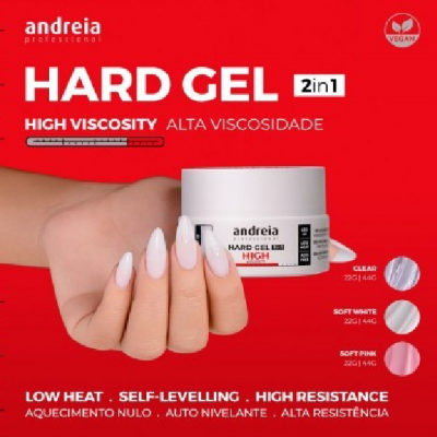 Frasco branco de gel duro para unhas Andreia, fundo vermelho, texto descritivo e opções de cores.