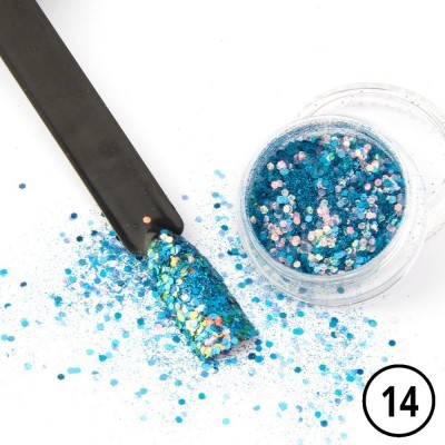Pote de purpurina azul holográfica com amostra de unha postiça e número 14