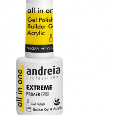 Frasco branco de primer UV para unhas com rótulo amarelo e preto