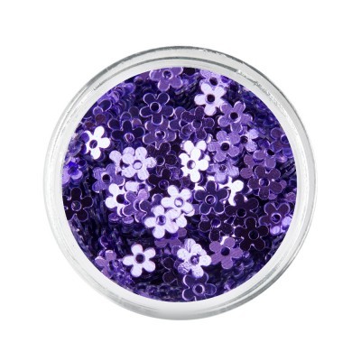 Recipiente transparente com lantejoulas roxas em forma de flores