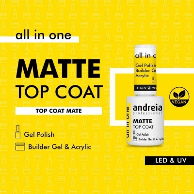Tubo branco de Matte Top Coat Andreia Professional com fundo amarelo e texto informativo