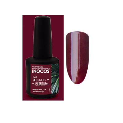Esmalte gel permanente vermelho escuro Inocos In Beauty Terracota com amostra de cor