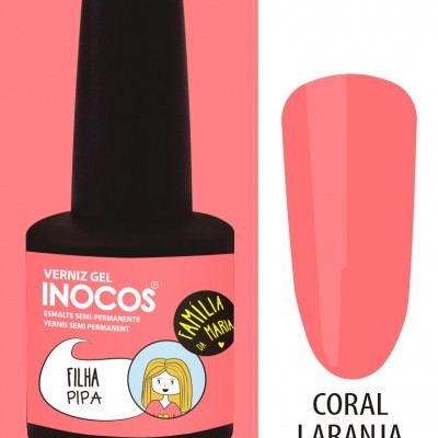 Verniz gel Inocos coral laranja néon com rótulo rosa e amostra da cor