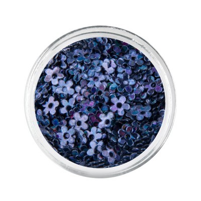 Pote transparente com lantejoulas azuis em formato de flor