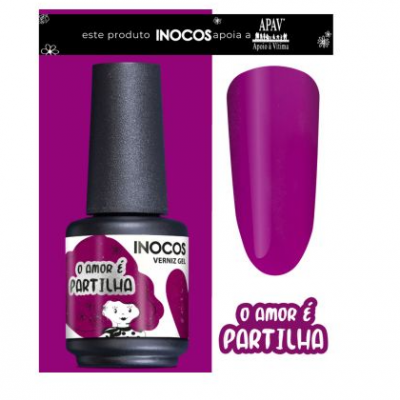 Verniz gel Inocos roxo 'O amor é partilha' com amostra da cor