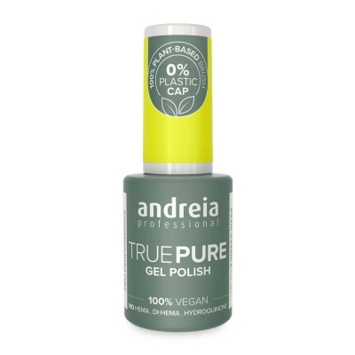 Verniz gel verde Andreia True Pure com tampa amarela e texto branco