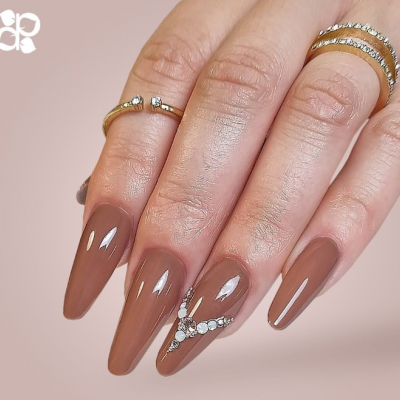 Unhas compridas castanho com decoração de cristais e anéis dourados