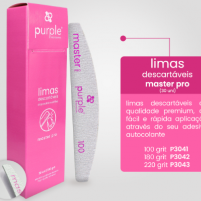 Caixa e lima para unhas descartável rosa com textos da marca Purple Professional