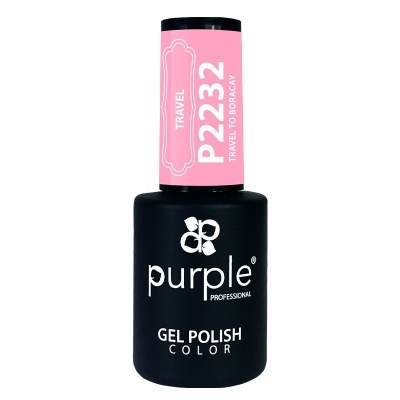 Frasco preto de verniz gel para unhas Purple Professional com tampa preta e rótulo rosa