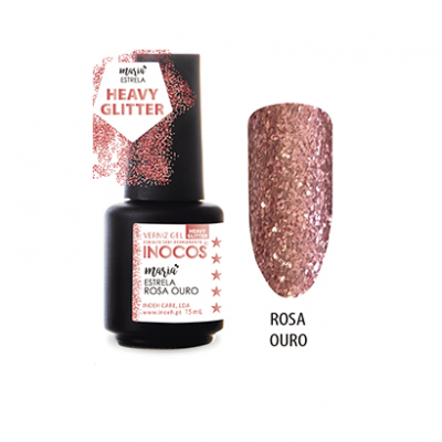 Frasco de verniz gel glitter rosa ouro com amostra de cor