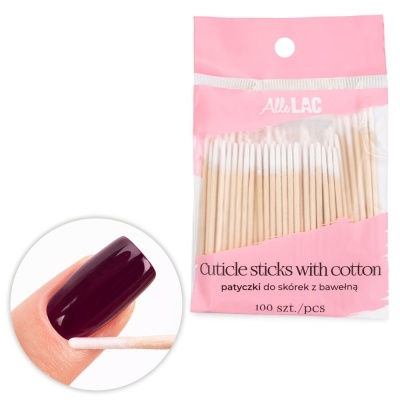 Pacote rosa de palitos para cutículas com algodão e uma imagem de uso no canto inferior esquerdo