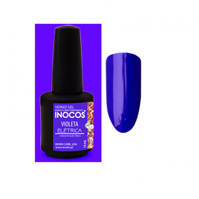 Frasco de verniz gel INOCOS violeta com amostra da cor