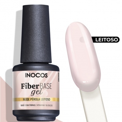 Verniz gel Inocos Fiber Base na cor Nude Pérola Leitoso com amostra da cor