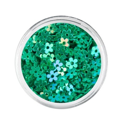 Frasco com lantejoulas de flores verdes e azuis