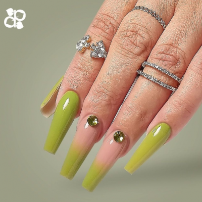 Mãos femininas com unhas longas em verde musgo com decoração de pedras e anéis prateados.