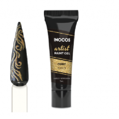 Tubo de gel de pintura para unhas Inocos Artist Paint Gel e unha decorada com gel dourado