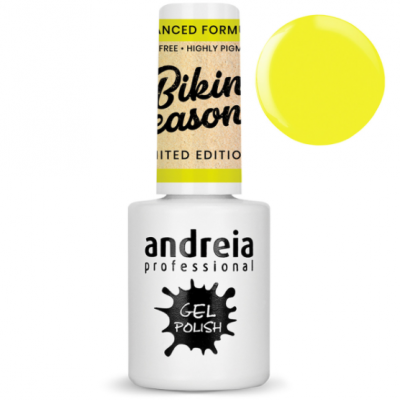 Frasco de verniz gel branco com rótulo amarelo 'Bikini Season'}
